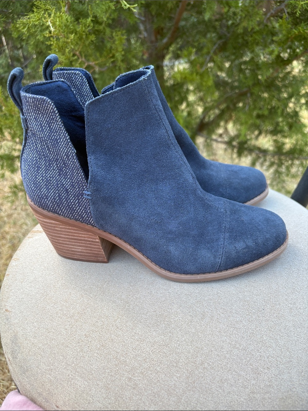 Toms Navy Suede Ankle Booties with Patterned Back